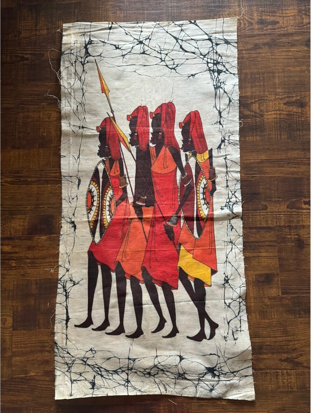 Vintage African Batik Wall Hanging Maasai Warriors Cotton Textile Kenya Tanzania
